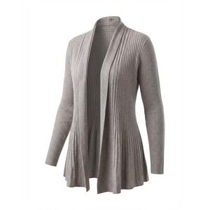 Womens Grey Ribbed Long Sleeve Open Front Drape Cardigan Sweater M